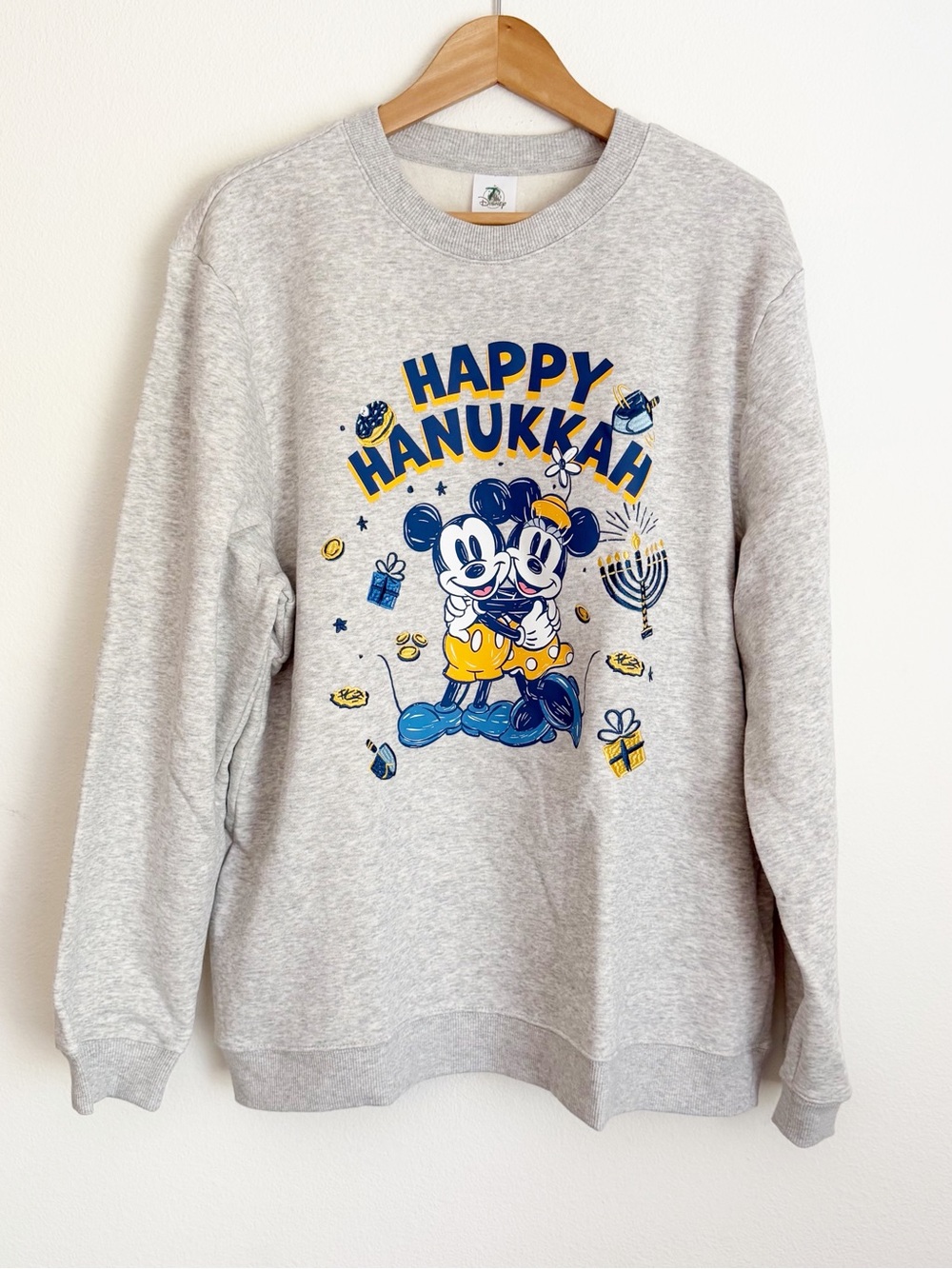 NWT Disney Parks Happy Hanukkah Mickey Minnie Gray Pullover Sweatshirt Holiday L
